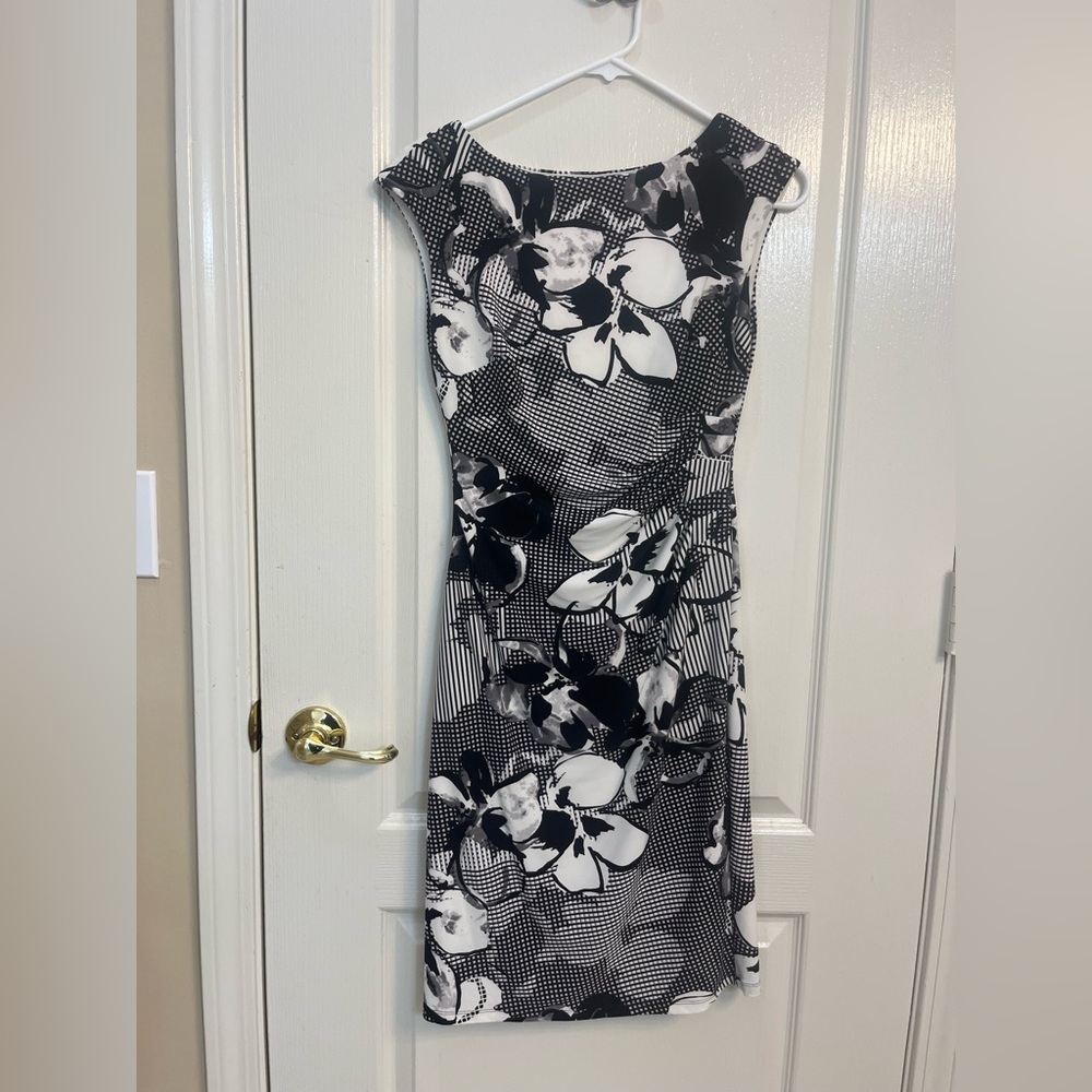 Ralph Lauren Black and White Sheath Dress with Flutter Sleeves